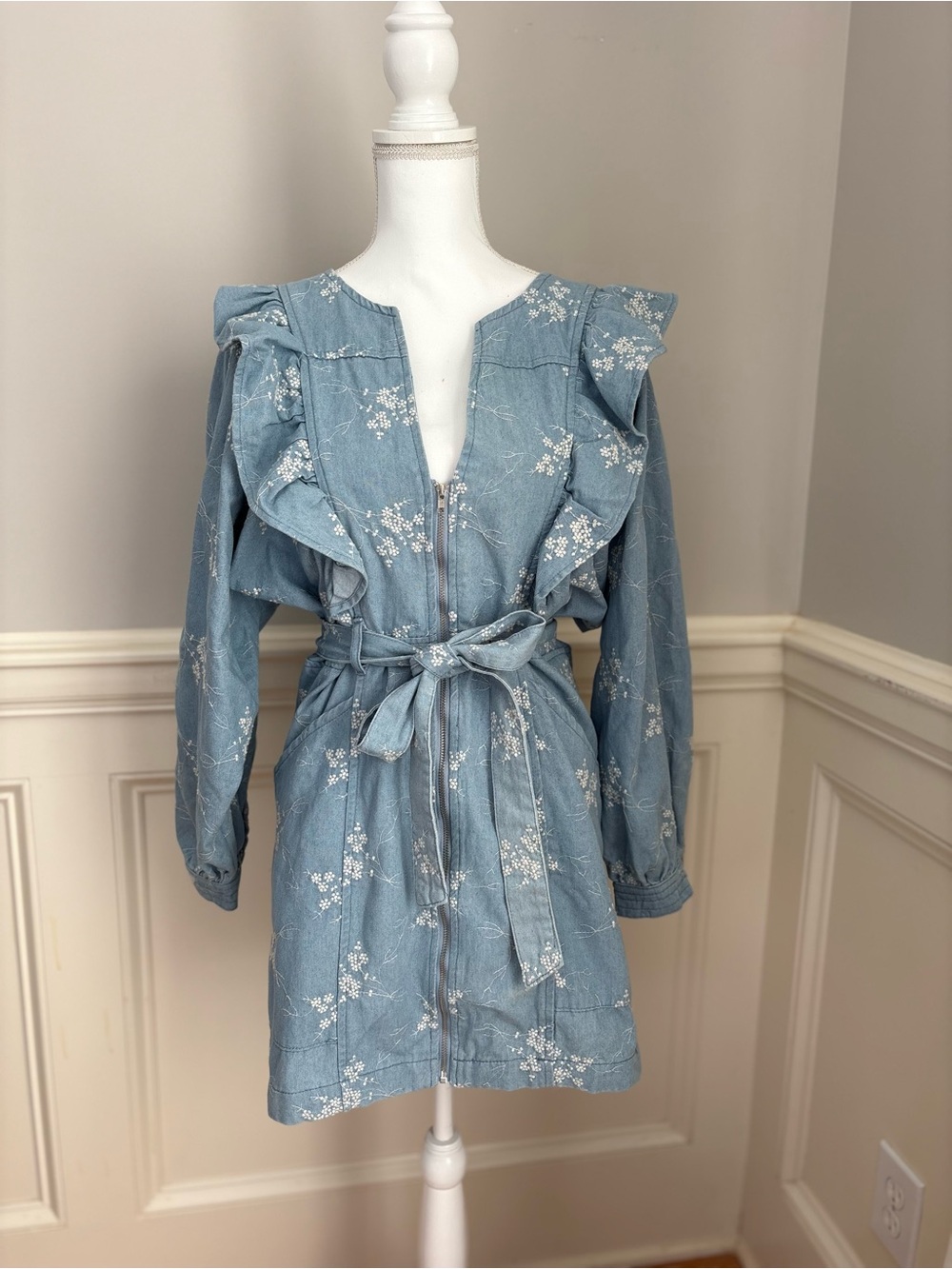 Sweet En Forme Embroidered Ruffle Denim Mini Dress